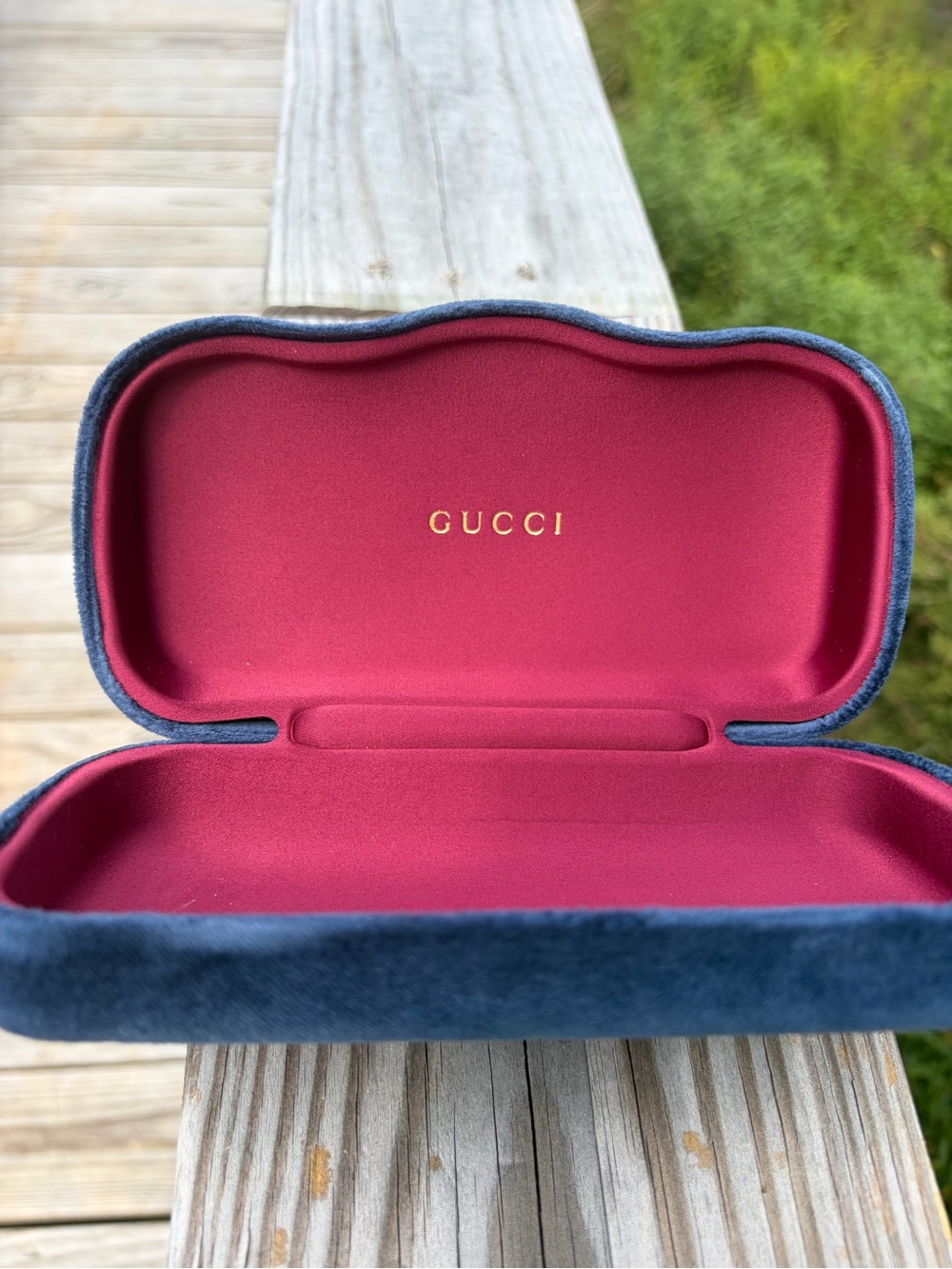 Gucci Velvet Eyewear Case in Navy Blue with Wine Red Interior
